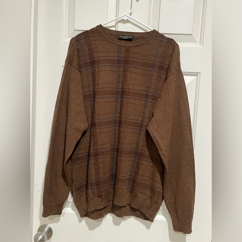 LENOR ROMANO MADE IN ITALY Men's Brown Plaid Crewneck Sweater SIZE L